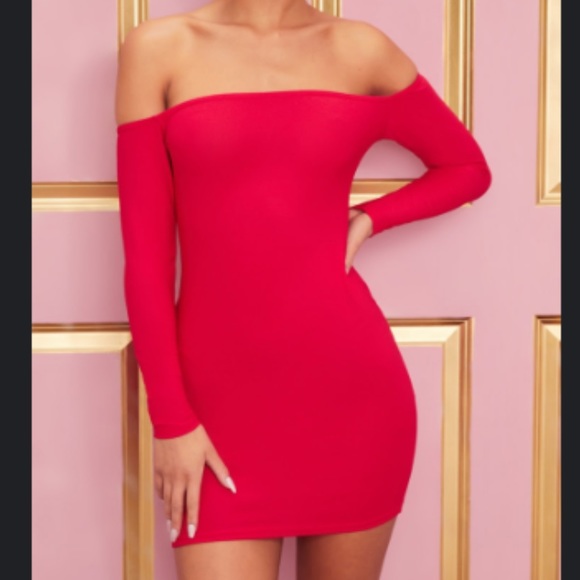 hot red Pretty Little Thing off shoulder bodycon dress in size XS - Picture 2 of 2